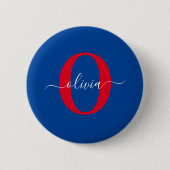 Badge Rond 5 Cm Monogramme personnalisé Nom du script Bleu Blanc R (Devant)