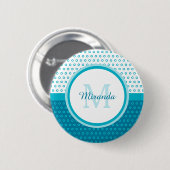 Badge Rond 5 Cm Monogramme Pois bleu turquoise mod avec nom (Devant & derrière)