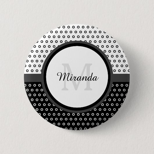Badge Rond 5 Cm Monogramme Pois noir et blanc avec nom (Devant)