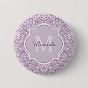 Badge Rond 5 Cm Monogramme pourpre de damassé de lavande chic ave