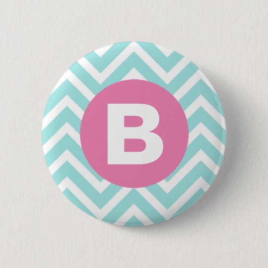 Badge Rond 5 Cm Monogramme rose chevron bleu clair tendance (Devant)