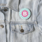 Badge Rond 5 Cm Monogramme rose chevron bleu clair tendance (En situation)
