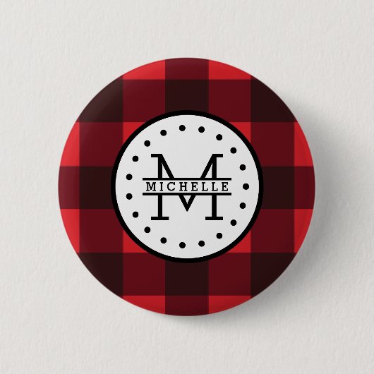 Badge Rond 5 Cm Monogramme rouge de nom de bûcheron de plaid de (Devant)