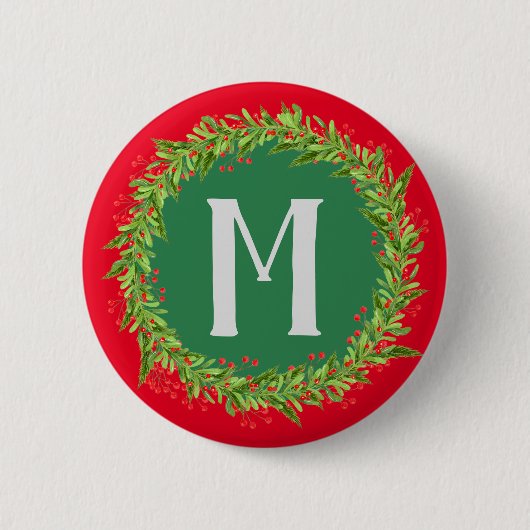 Badge Rond 5 Cm Monogramme Rouge et verte couronne Noël (Devant)