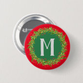 Badge Rond 5 Cm Monogramme Rouge et verte couronne Noël (Devant & derrière)