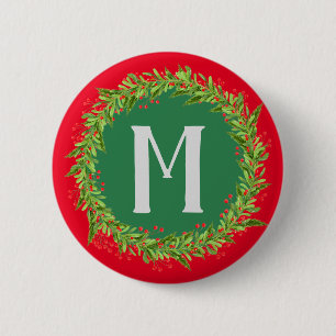 Badge Rond 5 Cm Monogramme Rouge et verte couronne Noël
