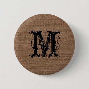 Badge Rond 5 Cm Monogramme rustique de noir de toile de jute -
