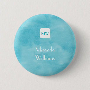 Badge Rond 5 Cm Monogramme Turquoise Aqua simple et chic avec nom