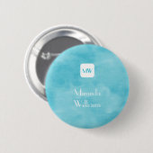 Badge Rond 5 Cm Monogramme Turquoise Aqua simple et chic avec nom (Devant & derrière)