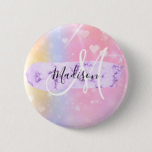 Badge Rond 5 Cm Monogramme Unicorn couleur Girly Rainbow Hearts