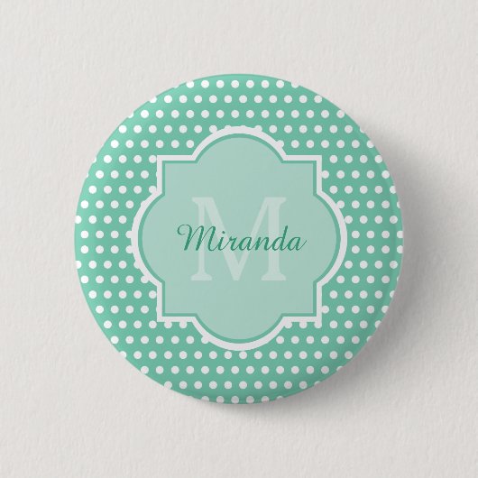 Badge Rond 5 Cm Monogramme vert de la menthe Pois Posh et nom (Devant)
