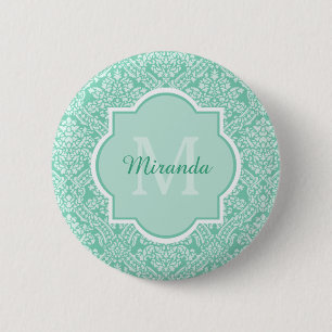 Badge Rond 5 Cm Monogramme vert de menthe élégant avec nom