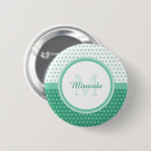 Badge Rond 5 Cm Monogramme vert et blanc Pois avec nom (Devant & derrière)