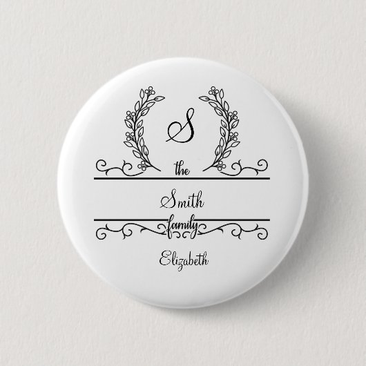 Badge Rond 5 Cm Monogrammed Personalized Family Name Script Leaves (Devant)