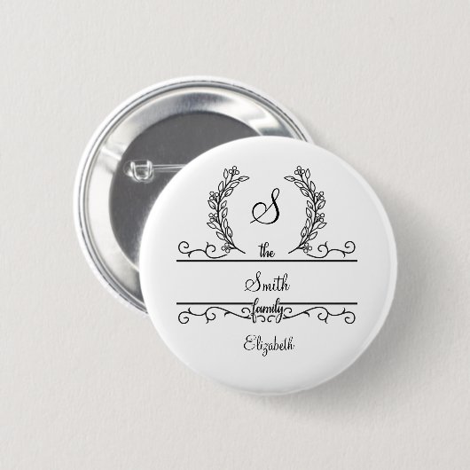 Badge Rond 5 Cm Monogrammed Personalized Family Name Script Leaves (Devant & derrière)