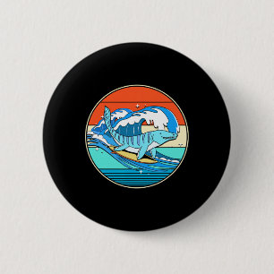 Badge Rond 5 Cm Mosasaure surfant Dino Rétro Dinosaure aquatique 