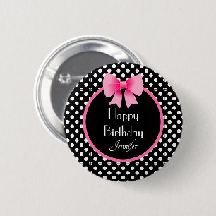Badge Rond 5 Cm Motif à pois noir et blanc Nœud rose Nom