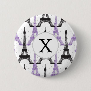 Badge Rond 5 Cm Motif chic pourpre de Tour Eiffel de monogramme