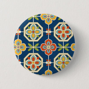 Badge Rond 5 Cm Motif de carreau floral rétro bleu marine orange e