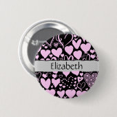 Badge Rond 5 Cm Motif De Coeurs, Coeurs Roses, Votre Nom (Devant & derrière)
