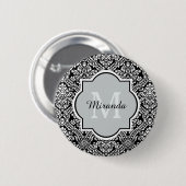 Badge Rond 5 Cm Motif de Damas noir et blanc Monogramme et nom (Devant & derrière)