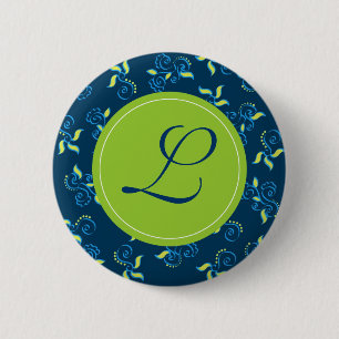 Badge Rond 5 Cm Motif de remous de bleu avec "L" monogramme