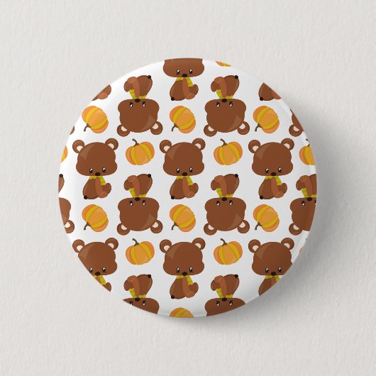 Badge Rond 5 Cm Motif D'Ours, Ours Mignons, Automne, Citrouille (Devant)