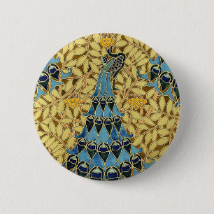Badge Rond 5 Cm Motif floral au paon bleu Art nouveau vintage