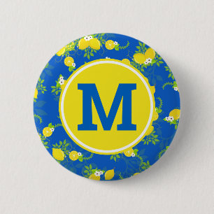 Badge Rond 5 Cm Motif floral de citrons bleus et jaunes ensoleillé
