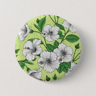 Badge Rond 5 Cm Motif floral tropical à fleurs d'Hibiscus blanc