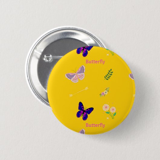 Badge Rond 5 Cm Motif papillon sur jaune (Devant & derrière)