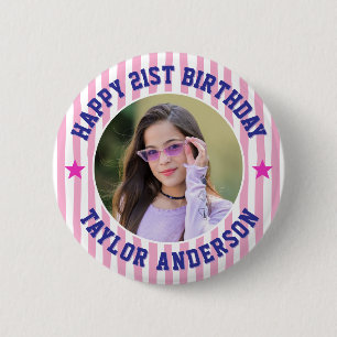 Badge Rond 5 Cm Motif personnalisé de rayure de photo Joyeux Anniv
