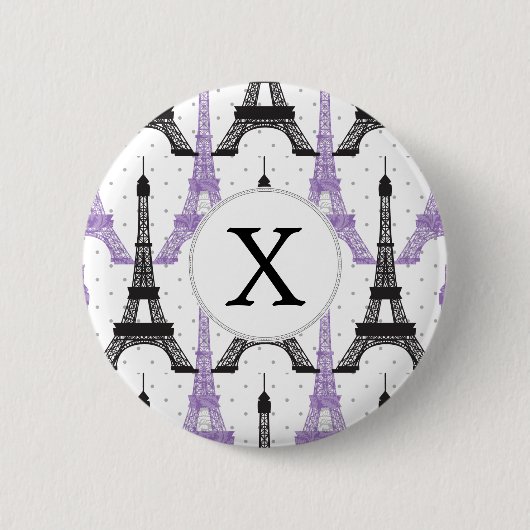 Badge Rond 5 Cm Motif Tour Eiffel Chic violet Monogram (Devant)