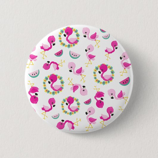 Badge Rond 5 Cm Motif tropical, Flamants roses, pastèques, Fleurs (Devant)