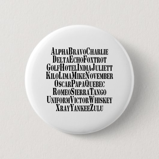 BADGE ROND 5 CM MOTS ALPHABET PHONÉTIQUE / CODE (Devant)