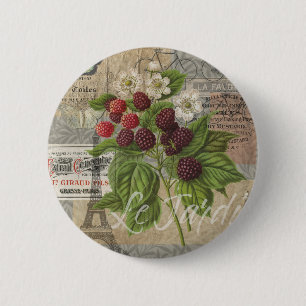 Badge Rond 5 Cm Mûres Vintage Collage d'Art Éphemère Français