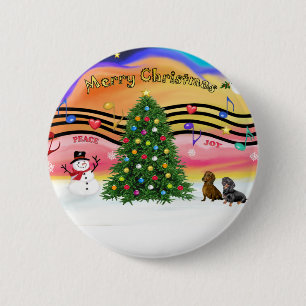 Badge Rond 5 Cm Musique de Noël 2 - Dachshunds (deux)