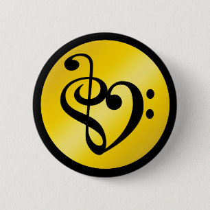 Badge Rond 5 Cm Musique Love Symbole Coeur Clef Notes en Or Noir