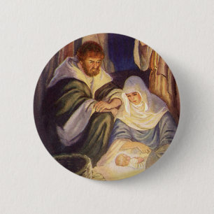 Badge Rond 5 Cm Nativité de Noël Vintage, 3 Bergers et Jésus