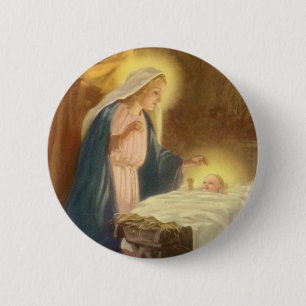 Badge Rond 5 Cm Nativité de Noël Vintage, Marie Joseph Bébé Jésus