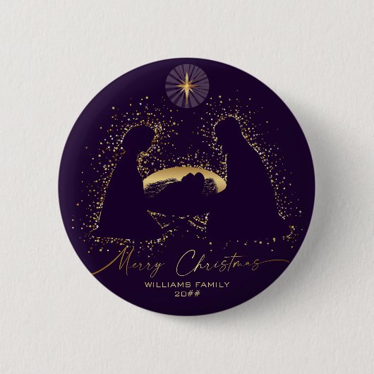 Badge Rond 5 Cm Nativity Manger Christmas Purple Gold Custom Name (Devant)