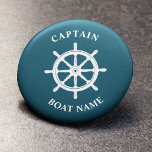 Badge Rond 5 Cm Nautical Ships Wheel Helm Captain Boat Name<br><div class="desc">Navy Deep Teal Nautical Ships Wheel - Helm and Your Personalized Boat Name and Customizable Captain Rank Button.</div>