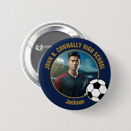 Badge Rond 5 Cm Navy Blue Gold Soccer Player Photo High School (Devant & derrière)
