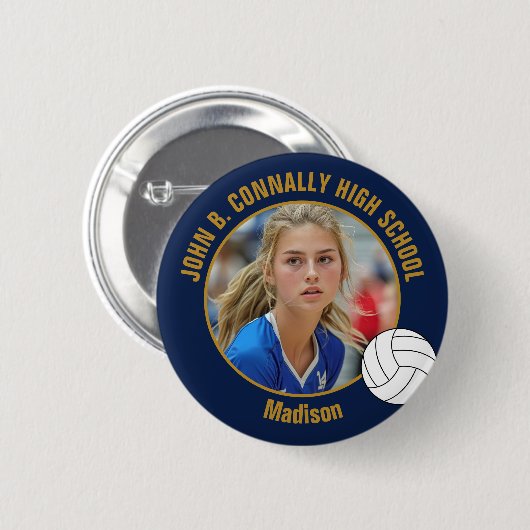 Badge Rond 5 Cm Navy Blue Gold Volleyball Player Photo High School (Devant & derrière)