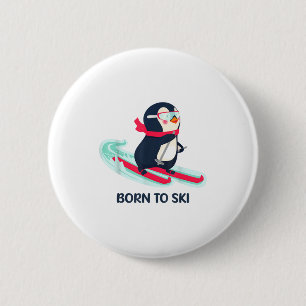Badge Rond 5 Cm Né pour skier mignon pingouin ski hiver animal
