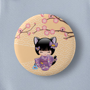 Badge Rond 5 Cm Neko Kokeshi Poupée - Cat Ears Geisha Girl