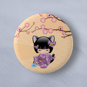 Badge Rond 5 Cm Neko Kokeshi Poupée - Cat Ears Geisha Girl