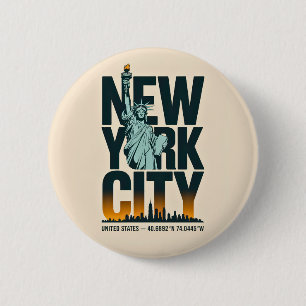 Badge Rond 5 Cm New York City Typographie Statue de Liberty Skylin