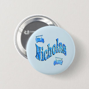 Badge Rond 5 Cm Nicholas Nom Avec Camions de Pompiers,