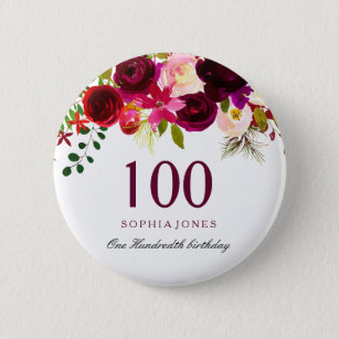 Badge Rond 5 Cm N'importe quel âge Bourgogne Floral Boho 100e fête